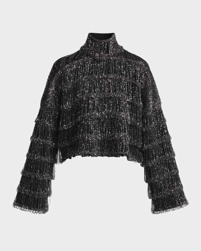 Sequin Fringe Turtleneck Long-Sleeve Crop Sweater
